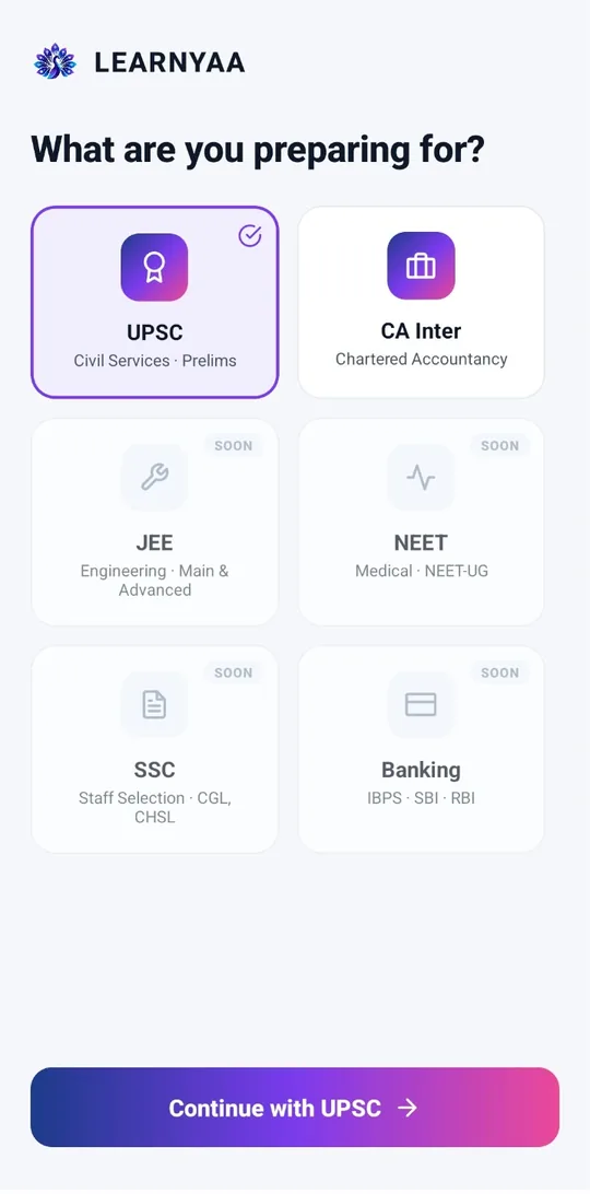 Choosing UPSC or CA Inter in the app
