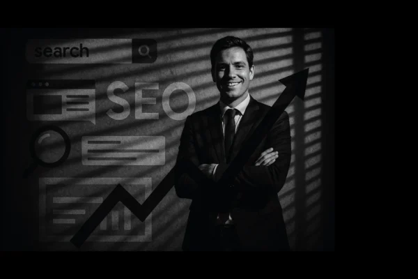 Confident businessman standing with arms crossed in front of SEO growth graphics, symbolizing Why Your Business Needs SEO for success, leads, and sales growth.