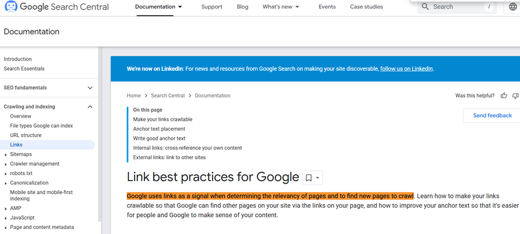 Google about internal linking - Screenshot of Google Search Central