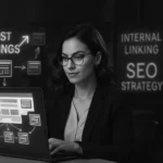Female SEO strategist working on a laptop, demonstrating internal linking techniques with visual diagrams and connected web pages to enhance SEO strategy.