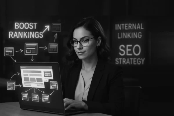 Female SEO strategist working on a laptop, demonstrating internal linking techniques with visual diagrams and connected web pages to enhance SEO strategy.