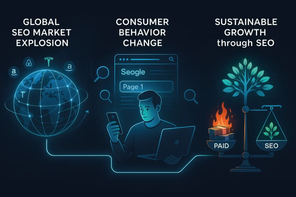 Illustration showing how SEO transforms businesses: Left panel depicts global SEO market growth with icons like Amazon and Tesla orbiting a digital globe. Center panel shows a consumer researching on phone and laptop with a search engine displaying 'Page 1'. Right panel compares paid ads (burning money) with SEO (growing tree), symbolizing sustainable growth.