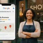 A smiling small business owner stands outside her shop, next to a smartphone showing a Google search result — illustrating the power of Local SEO for small businesses.