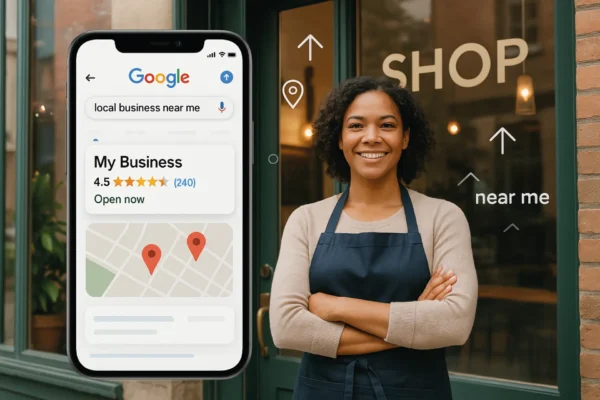 A smiling small business owner stands outside her shop, next to a smartphone showing a Google search result — illustrating the power of Local SEO for small businesses.