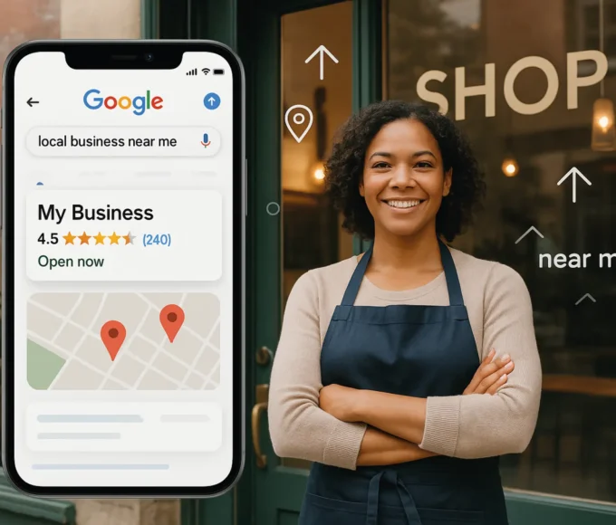 A smiling small business owner stands outside her shop, next to a smartphone showing a Google search result — illustrating the power of Local SEO for small businesses.
