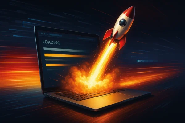 Rocket launching from a laptop screen with blazing speed, symbolizing ultra-fast website loading and performance optimization. Loading bar on screen nearly complete, with glowing trails representing rapid Core Web Vitals improvements and shocking speed gains.