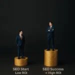 Illustration showing two business professionals standing on stacked coins, representing SEO Investment ROI journey. Left side shows 'SEO Start → Low ROI' on a smaller stack, while right side shows 'SEO Success → High ROI' on a taller stack of coins, highlighting higher returns.