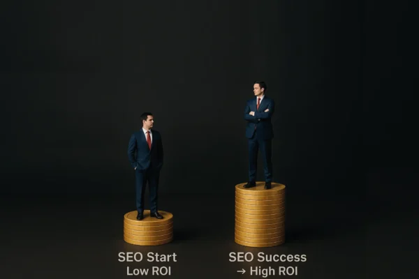 Illustration showing two business professionals standing on stacked coins, representing SEO Investment ROI journey. Left side shows 'SEO Start → Low ROI' on a smaller stack, while right side shows 'SEO Success → High ROI' on a taller stack of coins, highlighting higher returns.