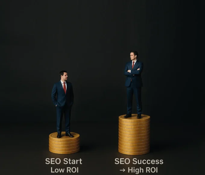 Illustration showing two business professionals standing on stacked coins, representing SEO Investment ROI journey. Left side shows 'SEO Start → Low ROI' on a smaller stack, while right side shows 'SEO Success → High ROI' on a taller stack of coins, highlighting higher returns.
