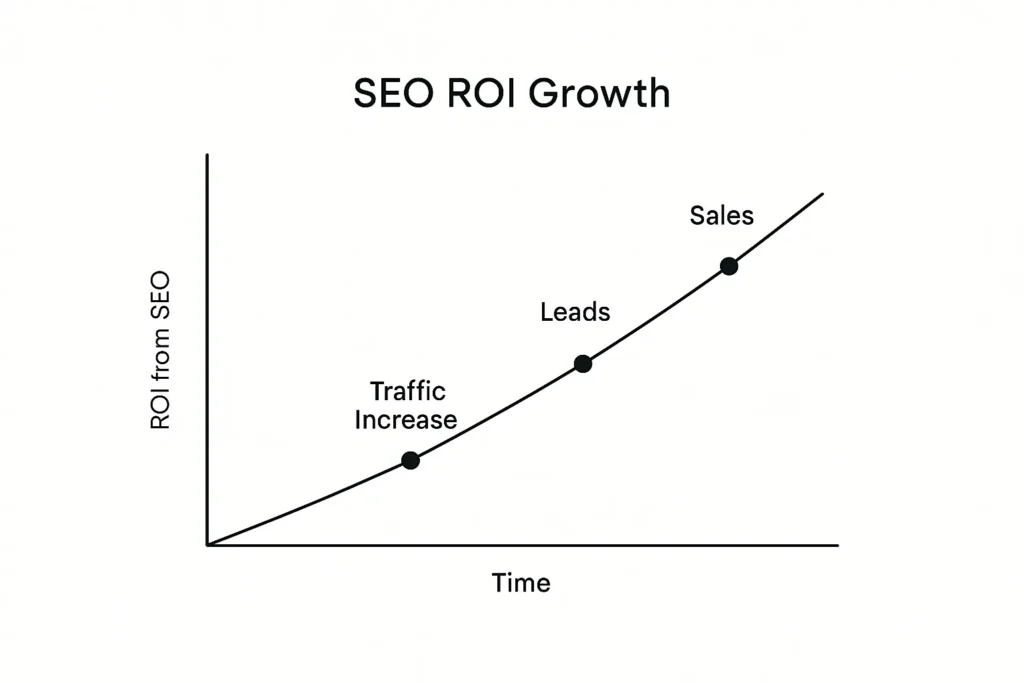 Simple line graph showing SEO ROI growth over time, with key milestones: Traffic Increase, Leads, and Sales, indicating the progressive impact of SEO.