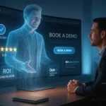 A business professional interacts with a futuristic holographic digital salesperson emerging from a large screen — visually representing the concept of "How to Make Your Website Your Best Salesperson." The screen showcases interactive UI elements like 'Book a Demo,' 'ROI Calculator,' five-star reviews, and a quiz prompt. The digital assistant appears intelligent and trustworthy, symbolizing how a well-optimized website can guide and convert users like a real sales representative. The scene is set in a sleek, modern office with a glowing blue interface and a clean, professional atmosphere.