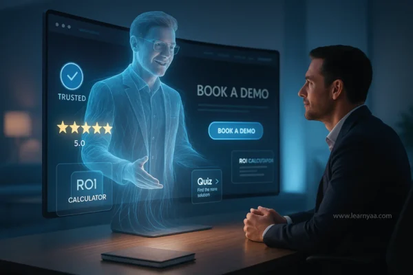 A business professional interacts with a futuristic holographic digital salesperson emerging from a large screen — visually representing the concept of "How to Make Your Website Your Best Salesperson." The screen showcases interactive UI elements like 'Book a Demo,' 'ROI Calculator,' five-star reviews, and a quiz prompt. The digital assistant appears intelligent and trustworthy, symbolizing how a well-optimized website can guide and convert users like a real sales representative. The scene is set in a sleek, modern office with a glowing blue interface and a clean, professional atmosphere.