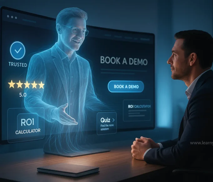 A business professional interacts with a futuristic holographic digital salesperson emerging from a large screen — visually representing the concept of "How to Make Your Website Your Best Salesperson." The screen showcases interactive UI elements like 'Book a Demo,' 'ROI Calculator,' five-star reviews, and a quiz prompt. The digital assistant appears intelligent and trustworthy, symbolizing how a well-optimized website can guide and convert users like a real sales representative. The scene is set in a sleek, modern office with a glowing blue interface and a clean, professional atmosphere.