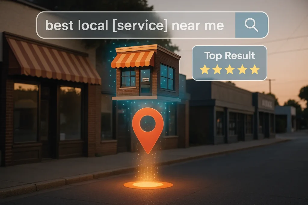 A digital-style illustration of a local storefront being lifted above the street by a glowing map pin. A search bar displays the query “best local [service] near me,” and a badge reading “Top Result” with five stars floats nearby. The futuristic design highlights the impact of Local SEO in helping small businesses stand out online.